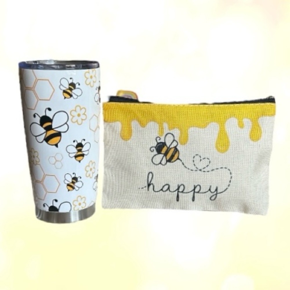 Bee-Themed Stainless Steel Tumbler with Lid & Bee Happy Makeup Bag Pouch Set
